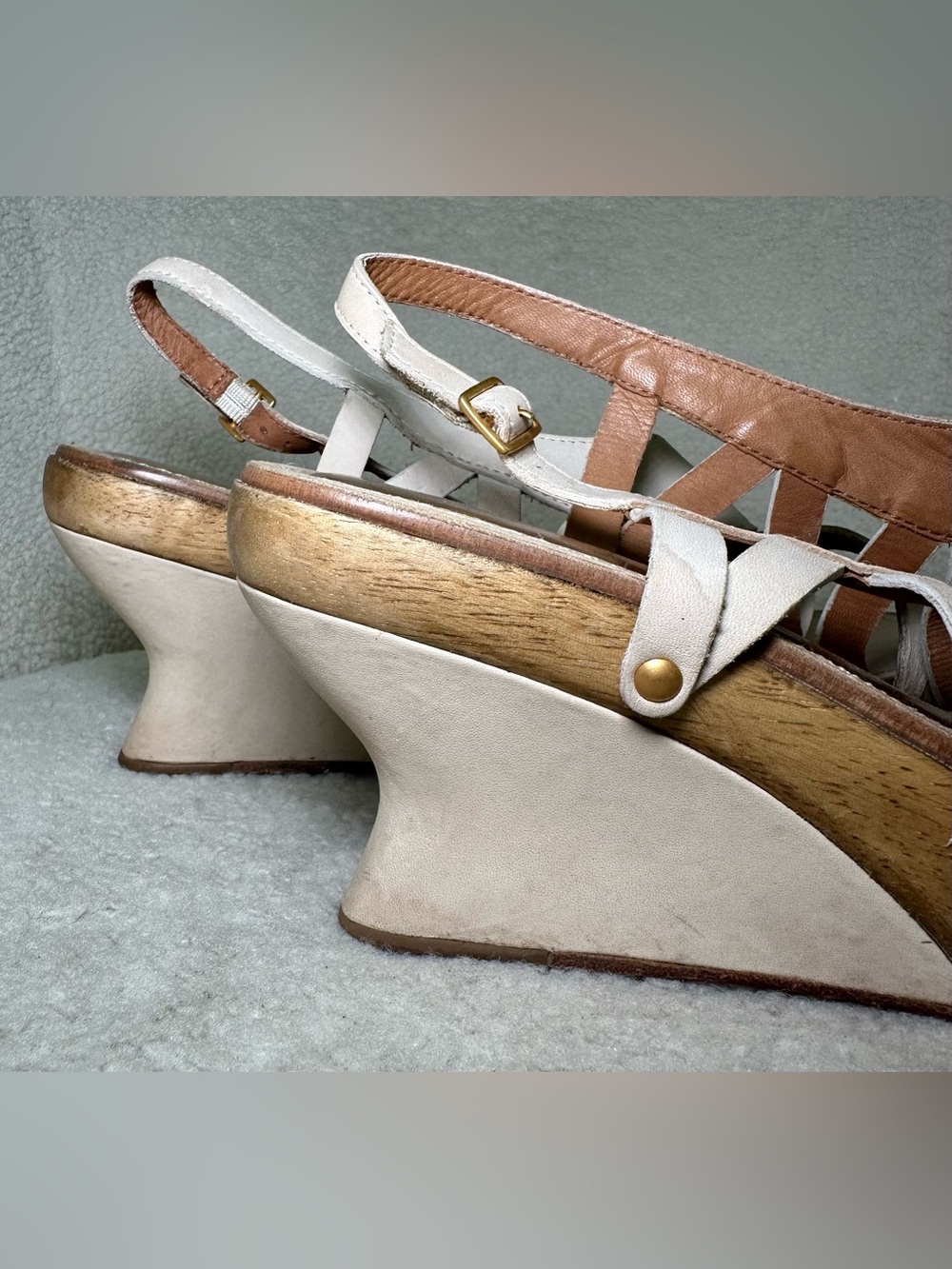 Leifsdottir Vintage Anthropologie Ivory Leather Wood Platform Wedge Strappy 9 - Picture 7 of 12